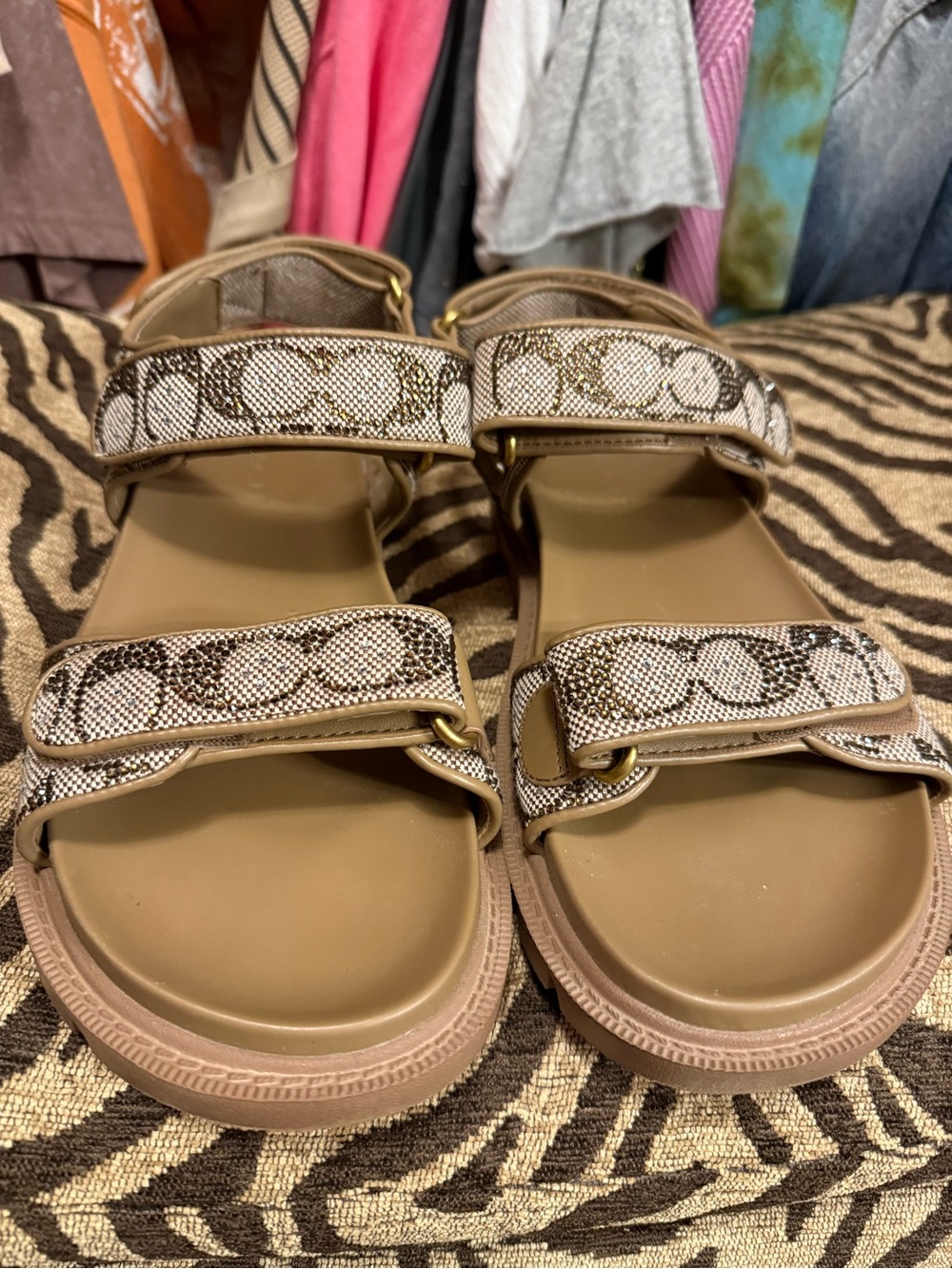 Coach Tan Platform Sandals with Signature Snakeskin Straps